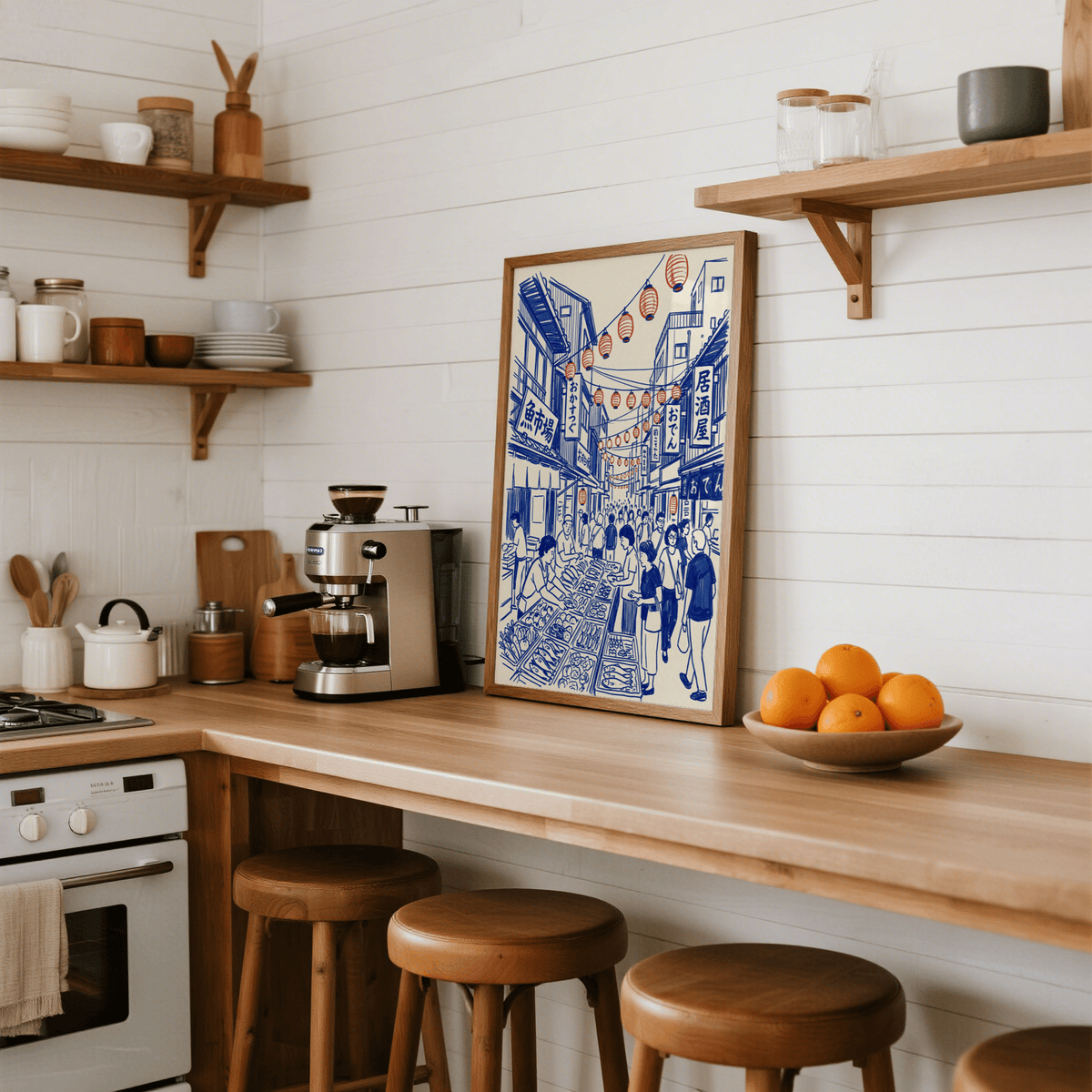 Framed Japanese Street Market Art leaning on a kitchen counter with wooden stools and a bowl of oranges
