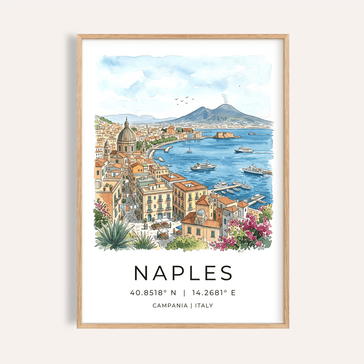 Framed Naples City Art Print showing watercolour cityscape with blue sea and distant mountains