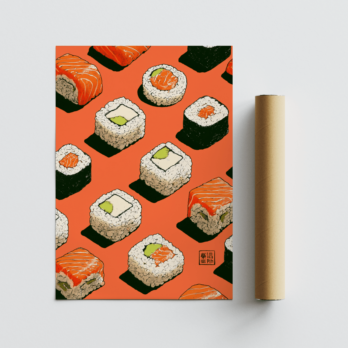 Sushi Wall print with illustration of sushi pieces on orange background next to a packaging tube