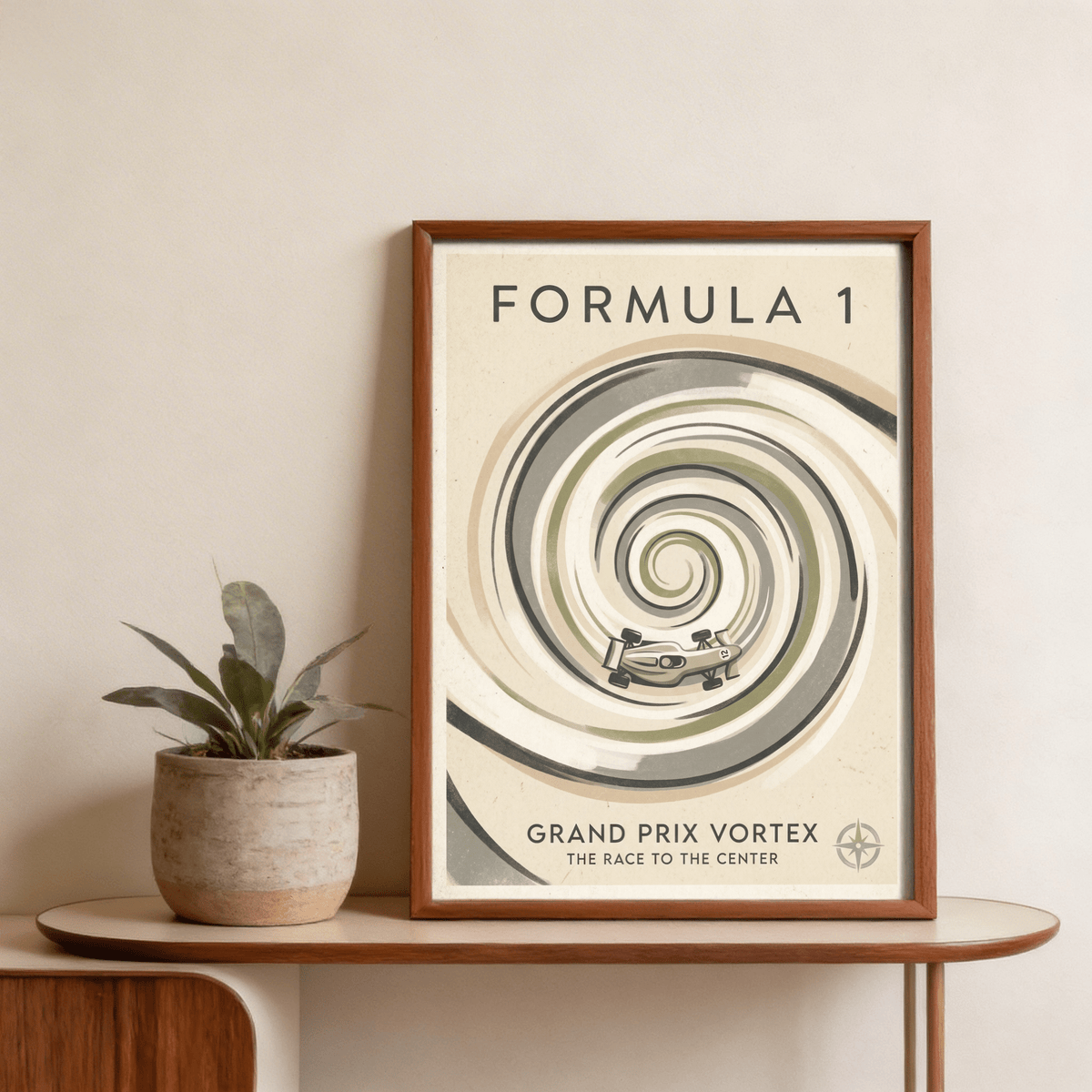 Detail crop of poster emphasizing concentric vortex lines and muted earth tones