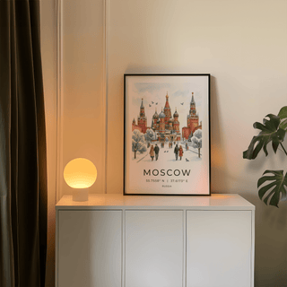 Moscow City Art Print leaning on a white cabinet beside a glowing round lamp and green plant