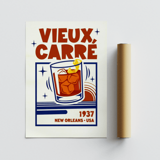 New Orleans Cocktail Print flat artwork of a retro cocktail glass with ice and lemon twist next to a rolled brown packaging tube