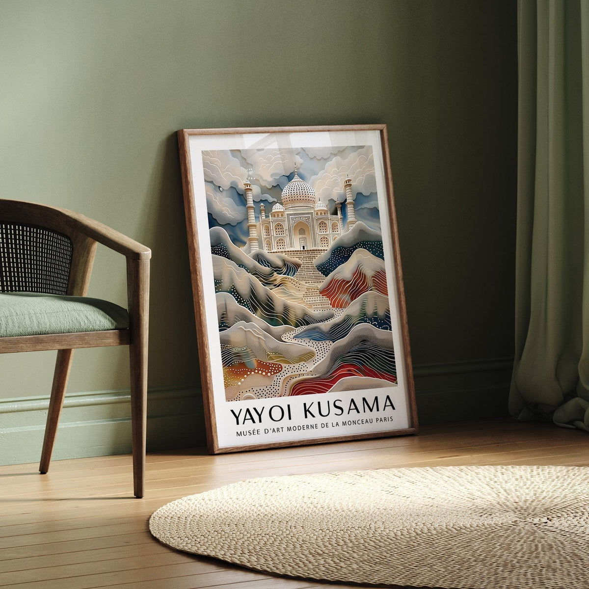 Wall Art Travel leaning print of Taj Mahal with surreal hills beside a woven rug
