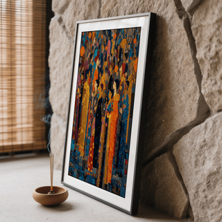 Framed close-up of Indian Festival Art with colourful robes against a textured stone wall and incense bowl nearby