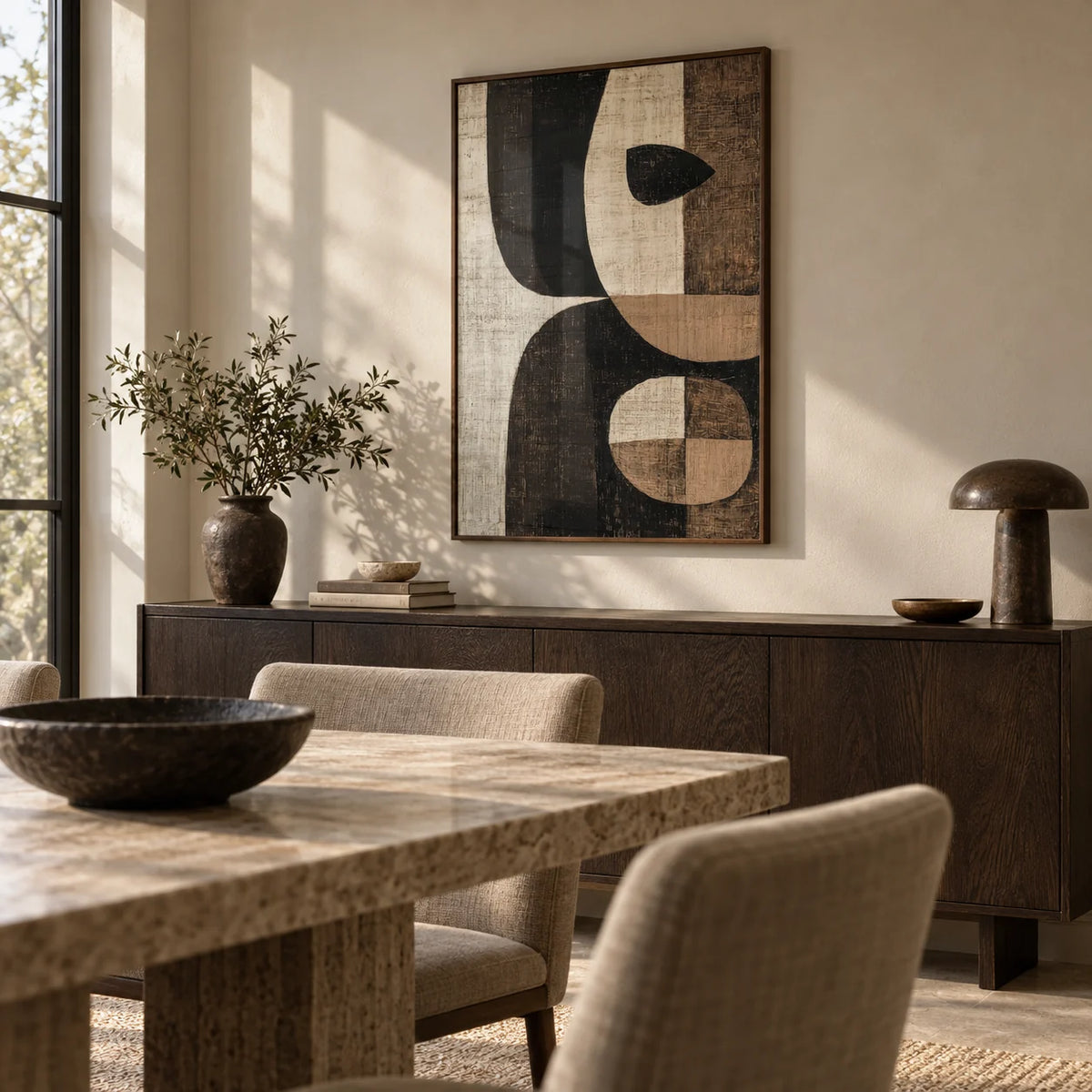 Earthy Tones Wall Art, framed on the wall of a calm dining room