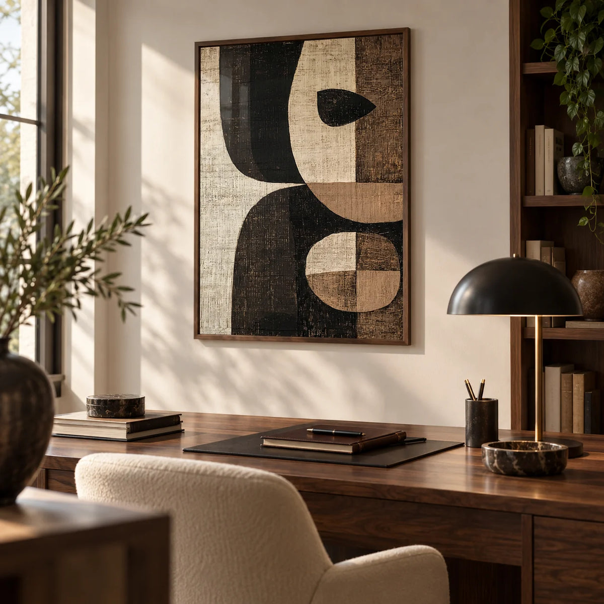 Earthy Tones Wall Art, framed on the wall of a refined home office