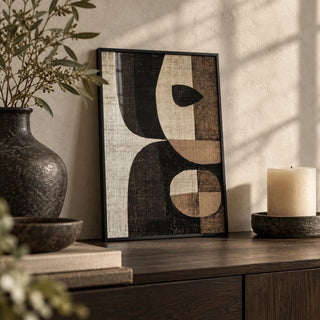 Earthy Tones Wall Art, a small A4 framed print leaning on a dark oak sideboard in a living room