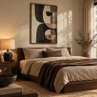 Earthy Tones Wall Art, framed on the wall of a warm earthy bedroom