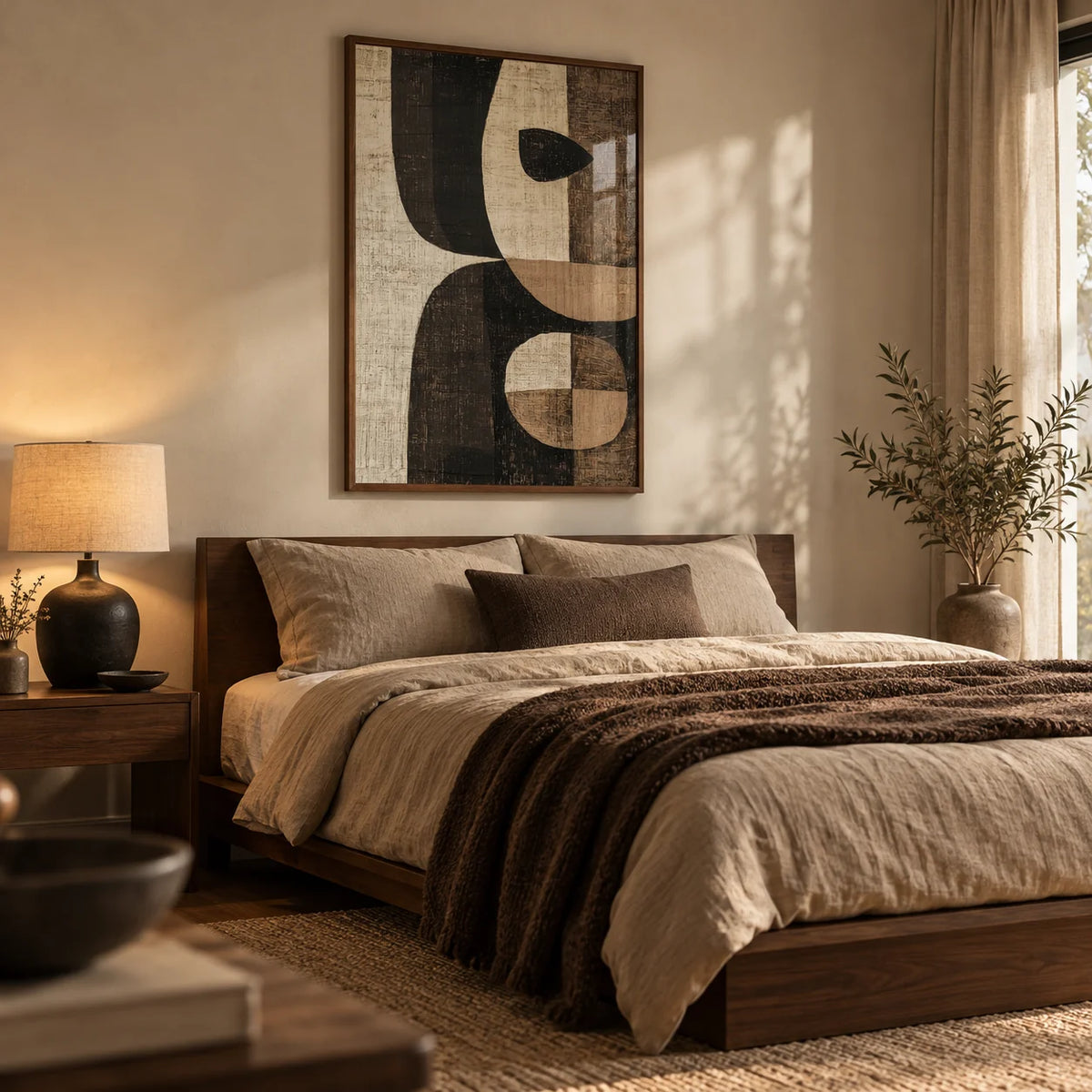 Earthy Tones Wall Art, framed on the wall of a warm earthy bedroom