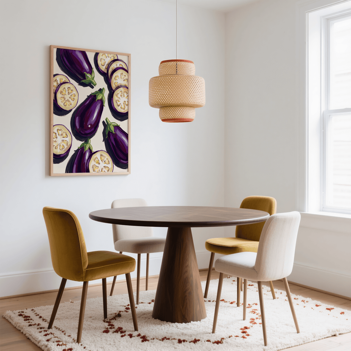 Aubergines Art Print hanging on a white wall above a round dining table with mixed colour chairs
