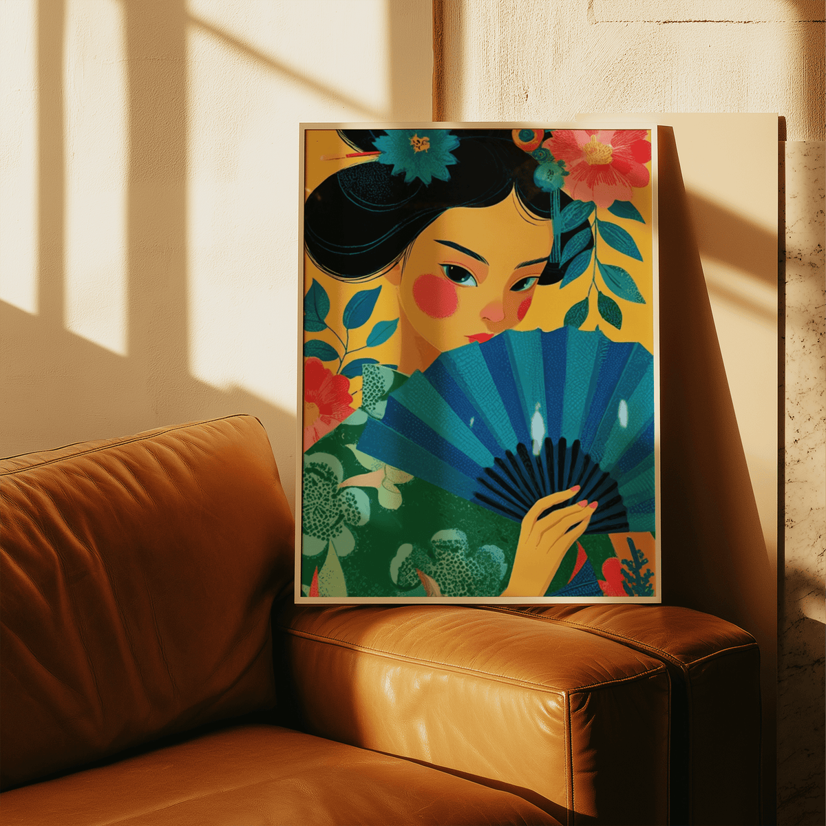 Print leaning on a leather sofa of Geisha Pop Art showing a woman with a blue fan and floral dress in warm light