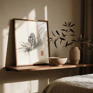 Tiger Ink Painting print leaning on a wooden shelf with a bowl and striped vase next to it