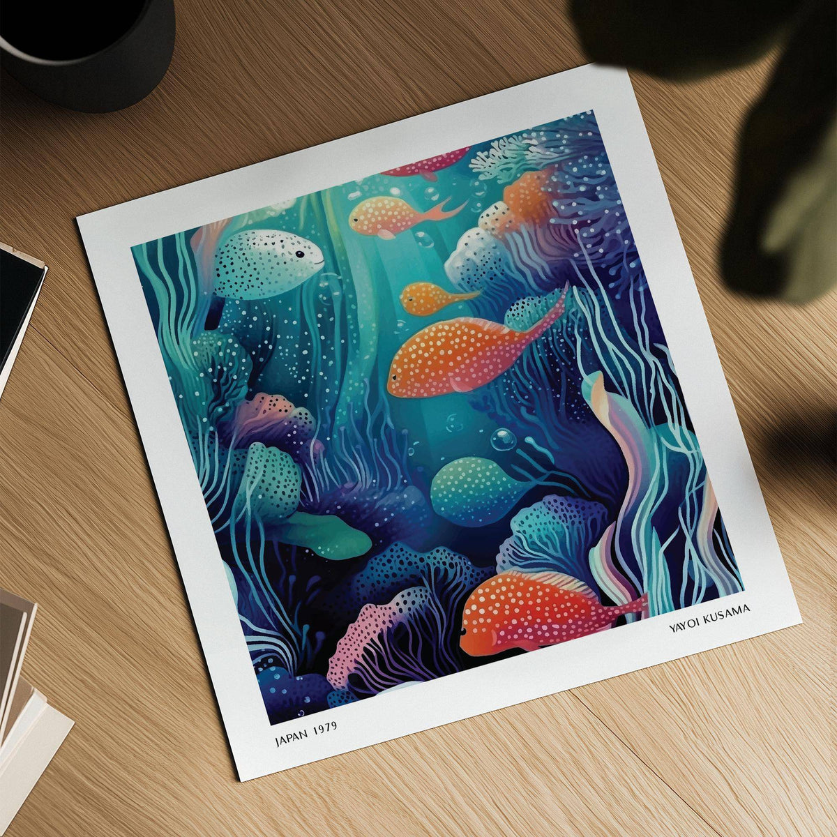 Underwater artwork showing colourful spotted fish and aquatic plants on a wooden surface with a cup nearby
