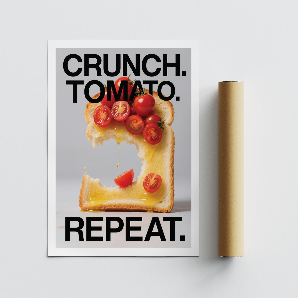 Print of a slice of toast with cherry tomatoes and text next to a brown packaging tube
