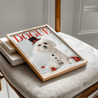 Christmas Shih Tzu Poster leaning on a chair featuring a white dog in a Christmas hat with red and white baubles