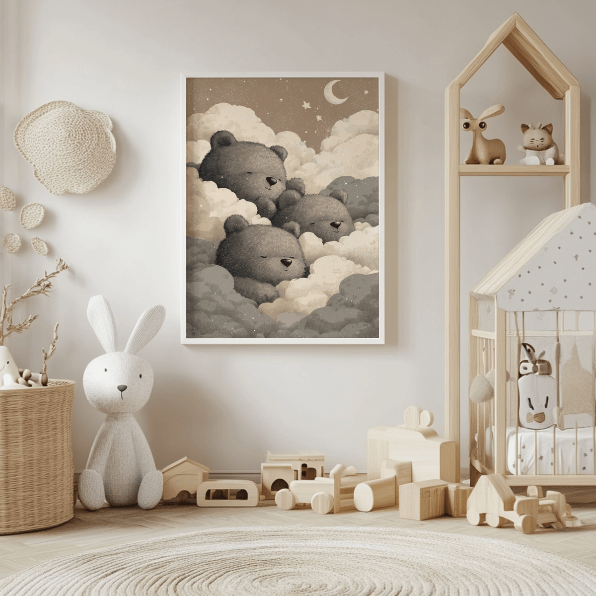 Teddy Bear Wall Art For Nursery featuring three sleeping teddy bears in brown tones above wooden toys