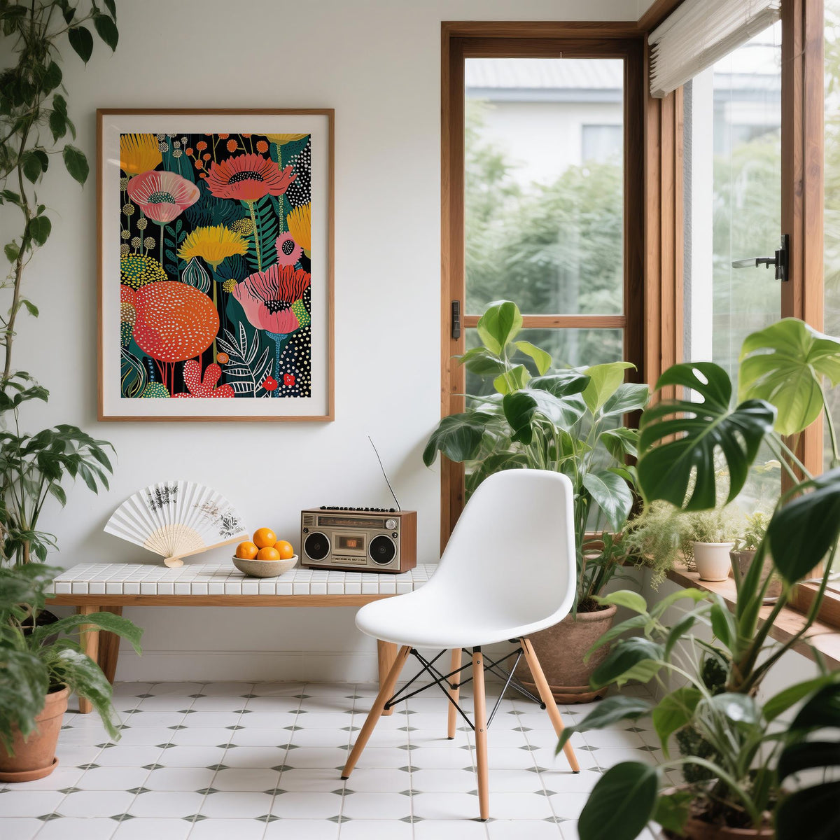 Wall Art Flower colourful poppy flower illustration with bright reds and yellows in a bright room with plants