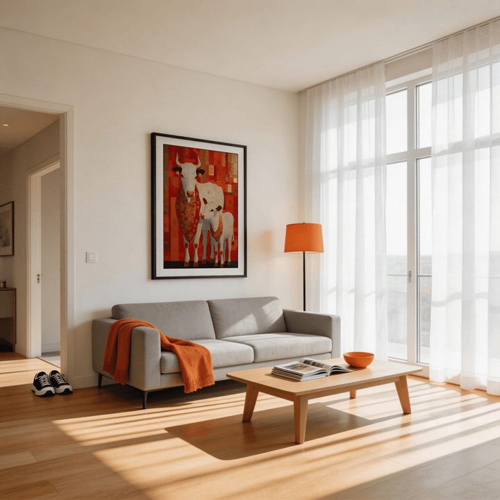 Sacred Cow wall art with white cow and calf in folk art style above a grey sofa with orange throw