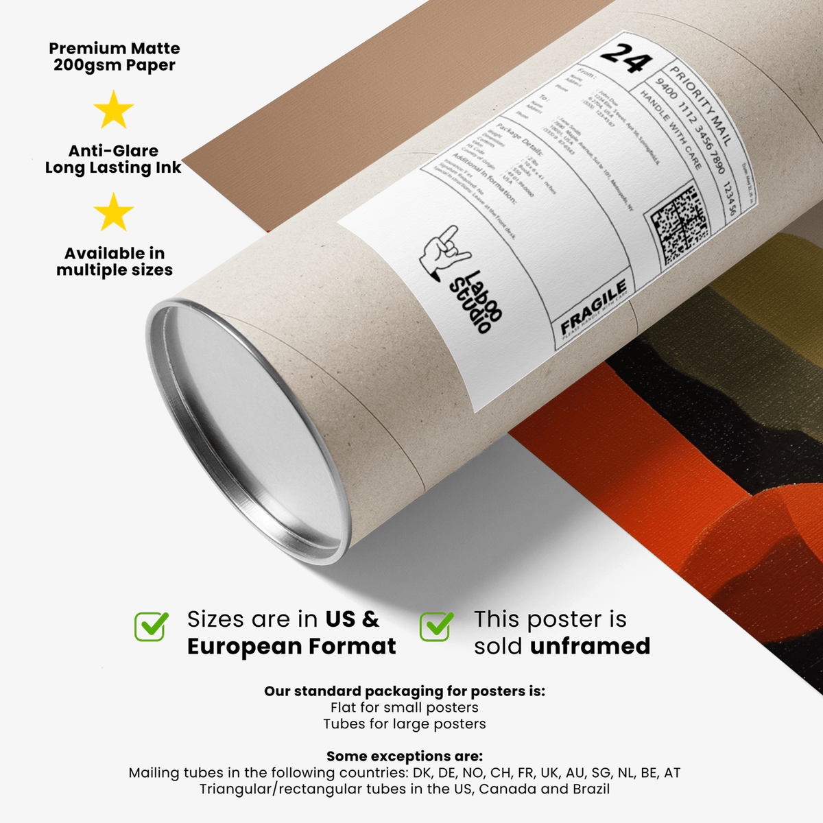 Rolled colorful golfing wall art poster with shipping label on cardboard tube