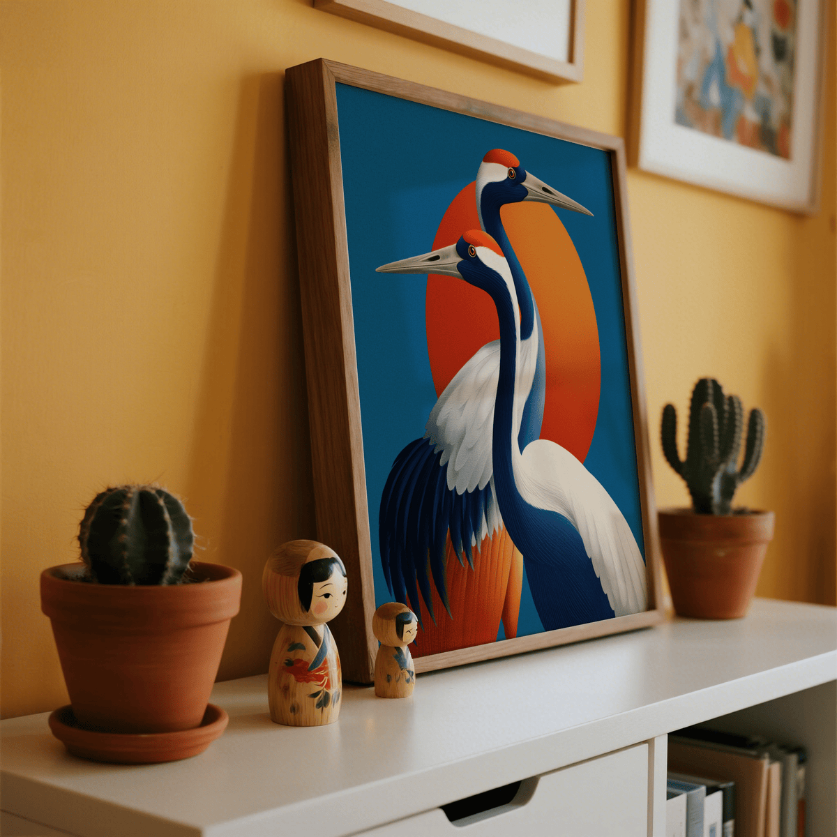 Print leaning on a shelf of two red-crowned cranes with a bright orange sun and blue background alongside potted cacti and dolls