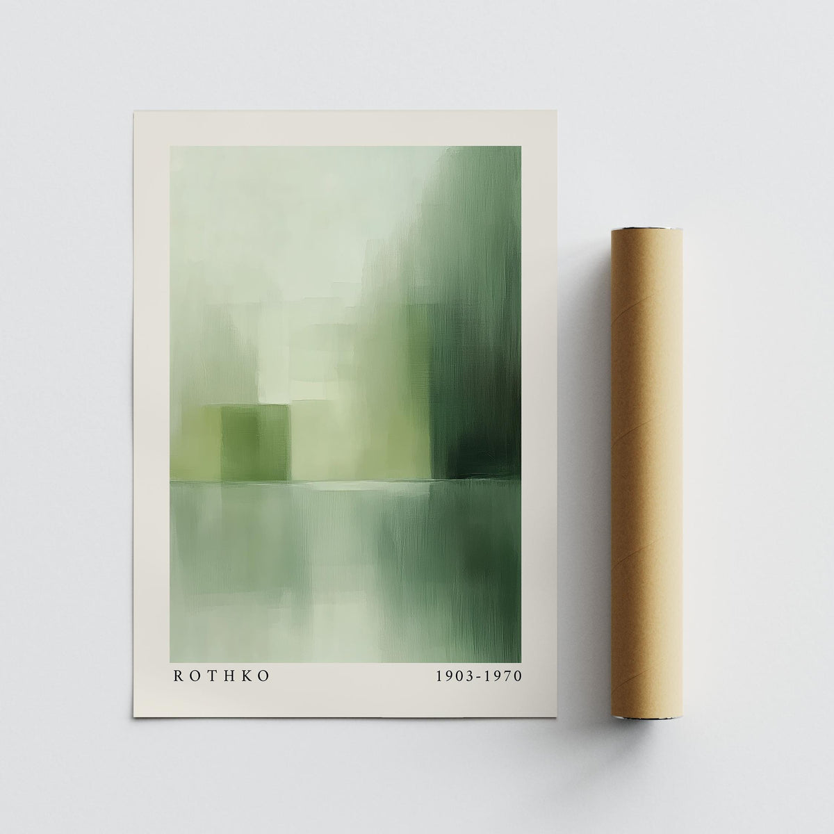 Green Abstract Wall Art print with a green gradient abstract field next to a brown packaging tube