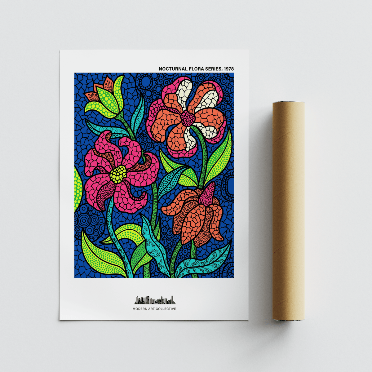 Nocturnal Floral Art Print stylized colourful flowers in blue background with a packaging tube