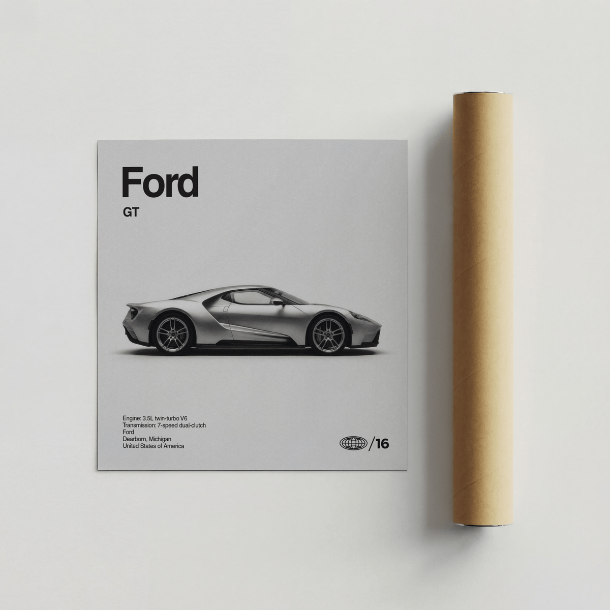 Silver sports car side profile poster in black and grey for home decor