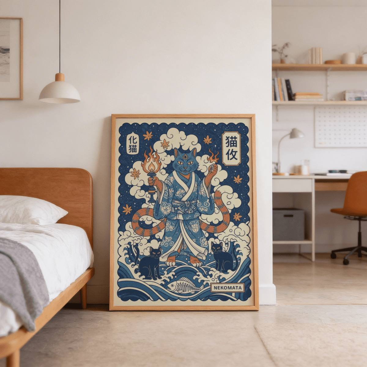 Nekomata Art print leaning against a wall in a bedroom with wooden bed and desk