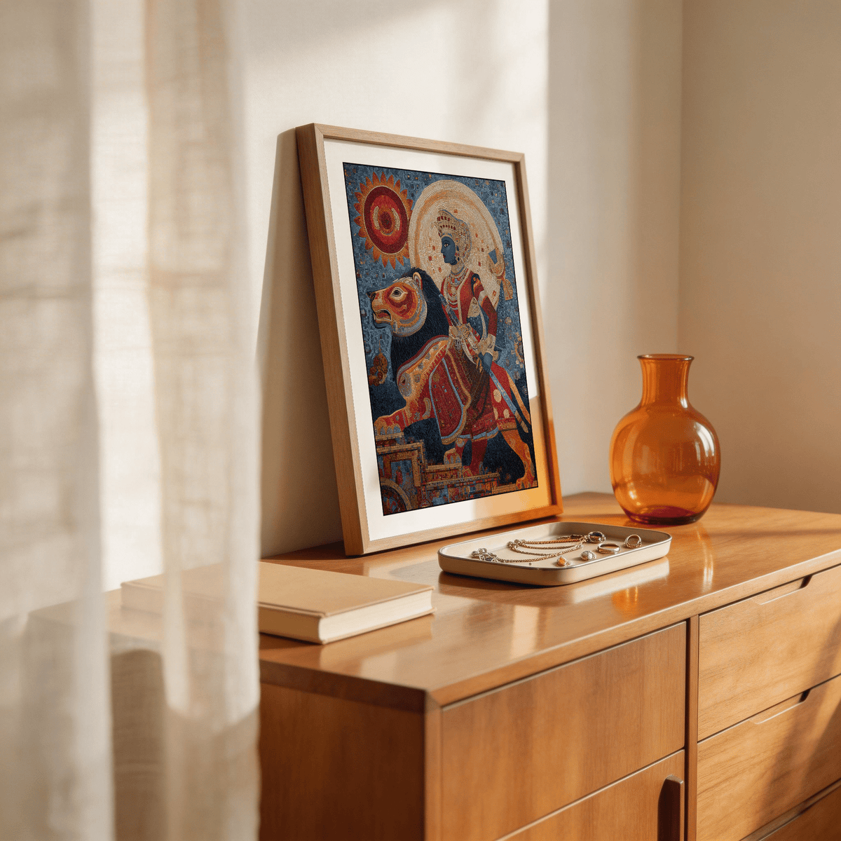 Indian Warrior wall art leaning on wooden sideboard with a brown glass vase in soft natural light