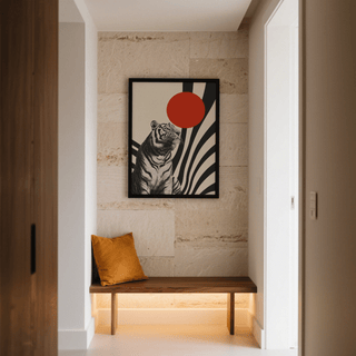 Modern Tiger Poster in a narrow space above a bench with an orange cushion