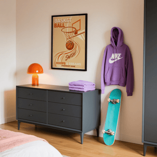 Basketball art print with a retro basketball hoop and ball above a dark grey dresser with an orange lamp
