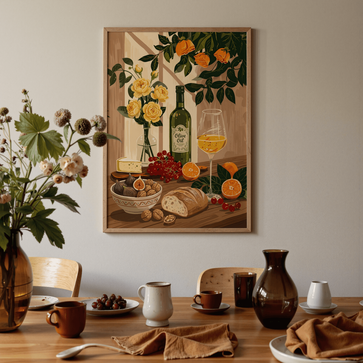 Still Life Kitchen Art print showing bread, figs, cheese and wine above a dining table with crockery and a vase