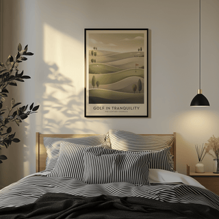 Print on a wall in a bedroom showing mid-century golf art with soft greens and beige tones alongside a bed with striped pillows
