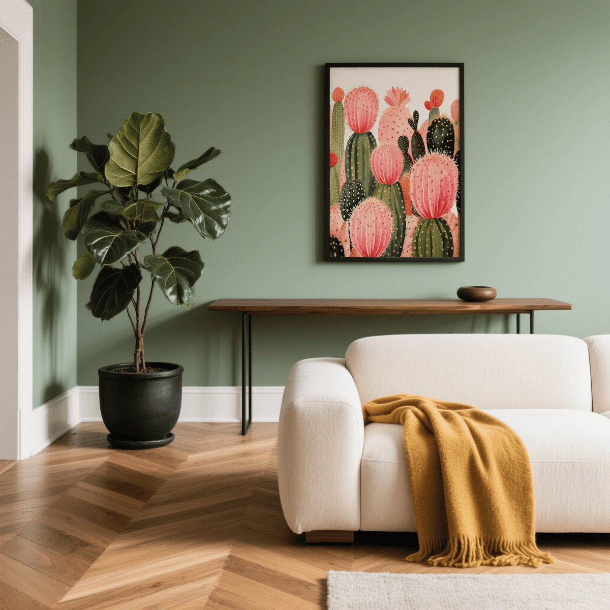 Pink Cactus Print on a green wall above a wooden console in a living room with a sofa and potted plant