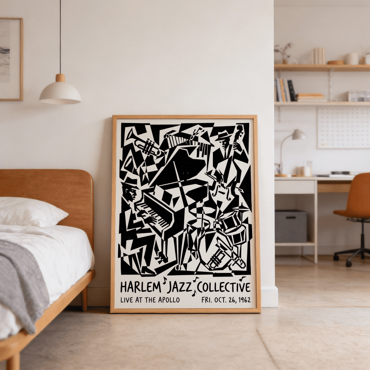 Harlem Jazz Print leaning on floor with black and white abstract jazz band near a bed in bedroom