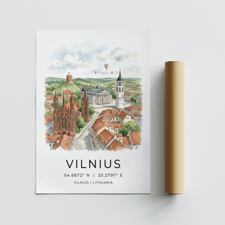 Vilnius City Print with watercolour illustration of Vilnius cityscape with a packaging tube