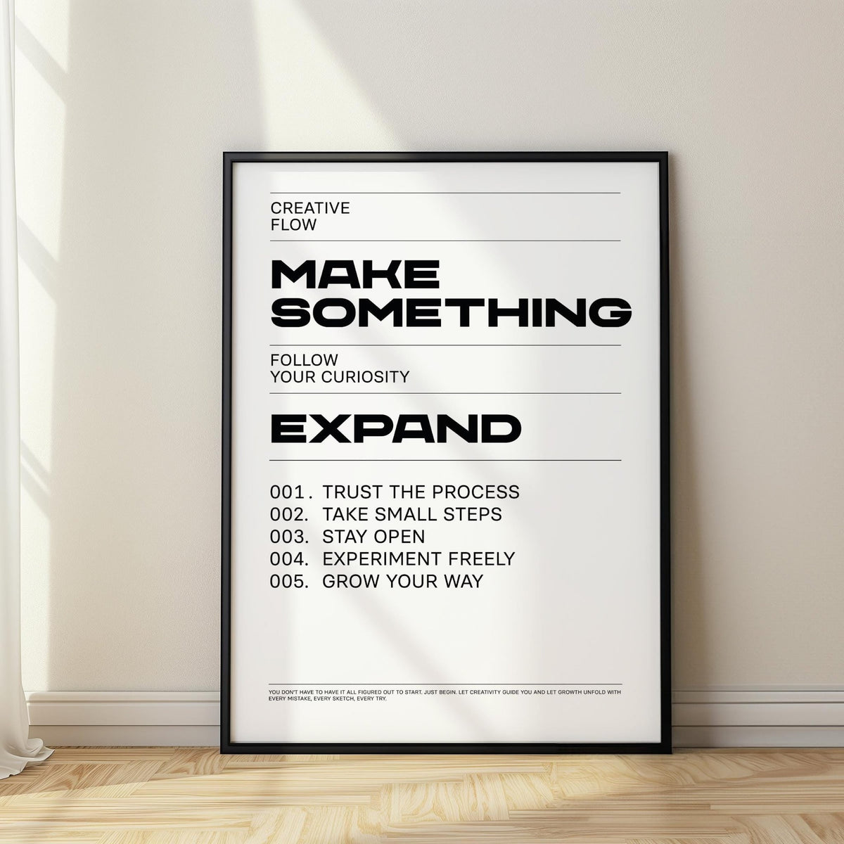 Quotes for Room Wall print leaning on floor with black frame and minimalist text in natural light