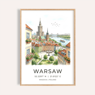 Framed Warsaw City Art Print showing a watercolour illustration of a charming cityscape with red roofs and a river in soft colours