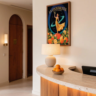 Prints for Bar framed print of a woman in a golden dress with oranges above a counter with lamp and bowl of oranges