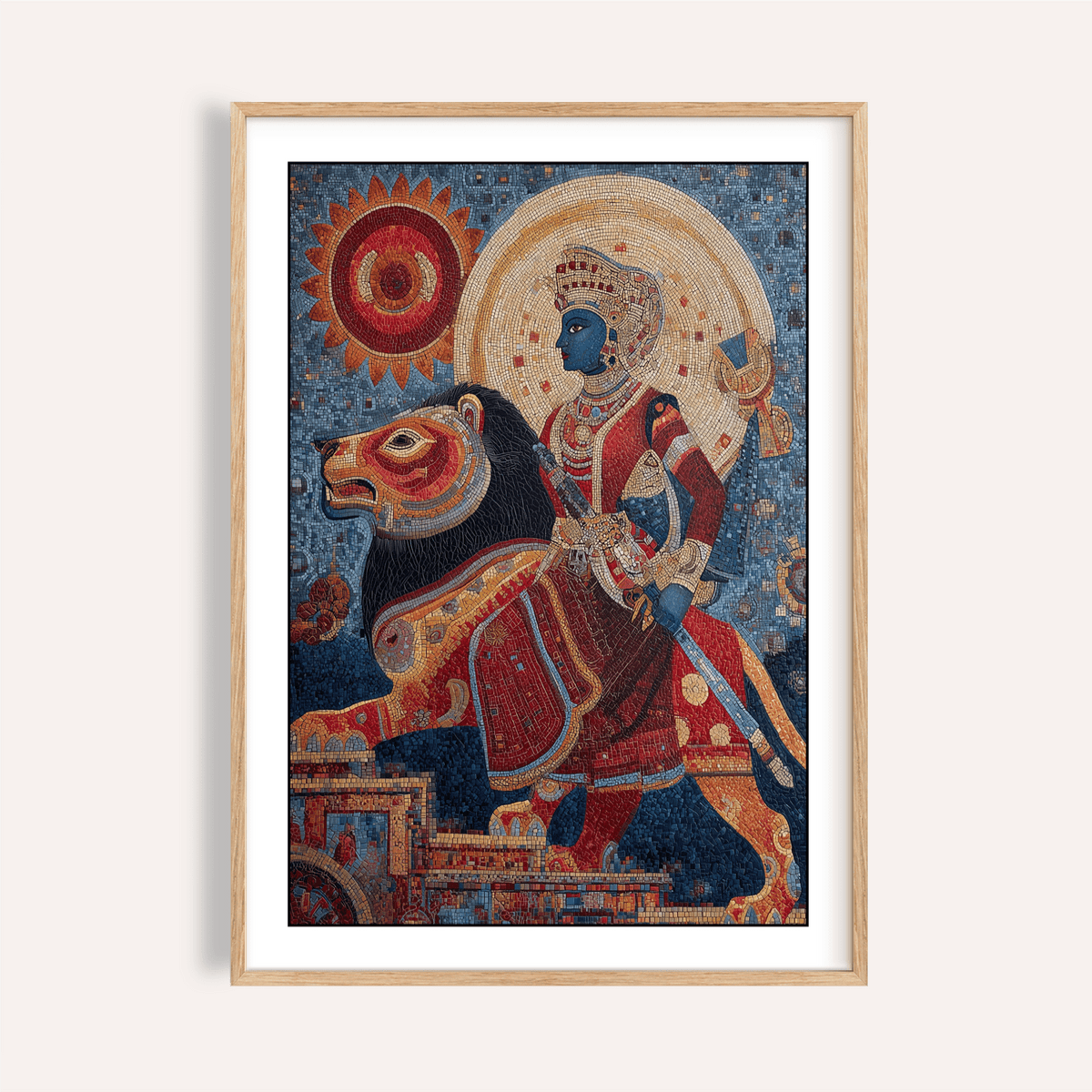 Framed close-up of Indian Warrior wall art featuring woman riding lion in red and blue tones