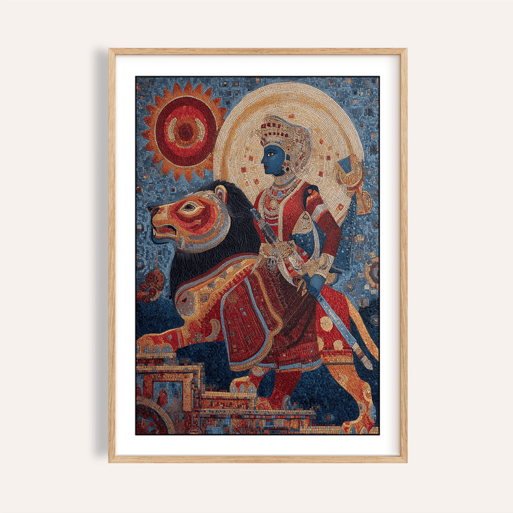Framed close-up of Indian Warrior wall art featuring woman riding lion in red and blue tones