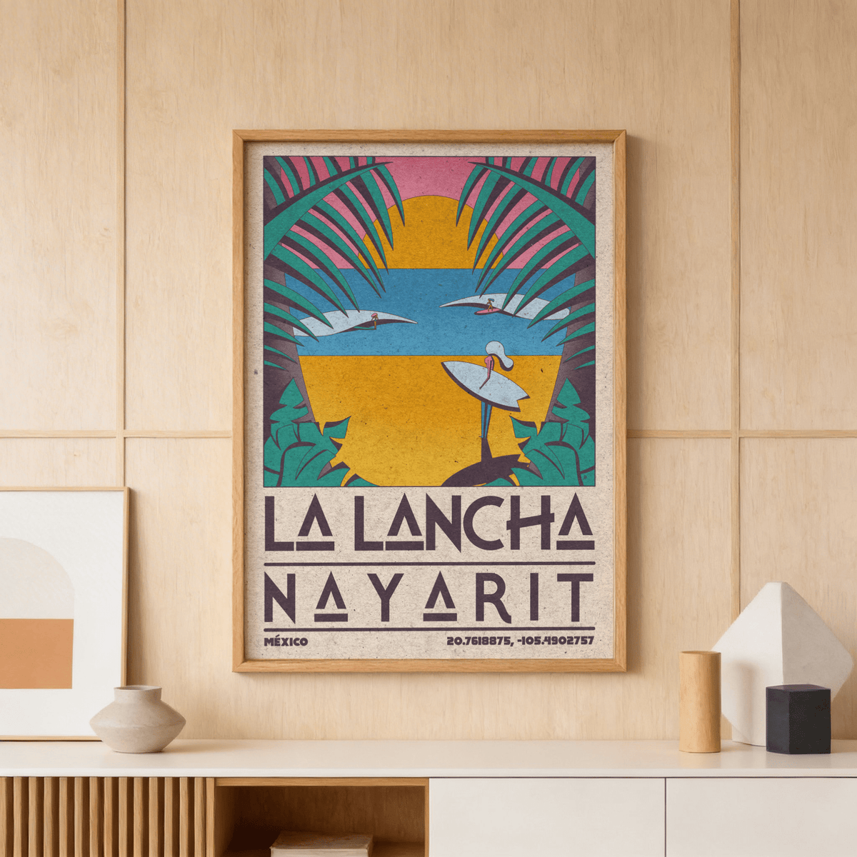 Surfer Beach Art Print with a surfboarder and retro sunset in muted blue yellow and pink on a wood paneled wall