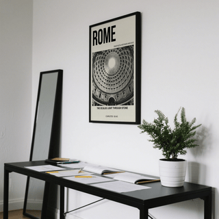 Pantheon Interior Poster framed print of the Pantheon dome interior in black and white on a white wall above a desk with a potted plant