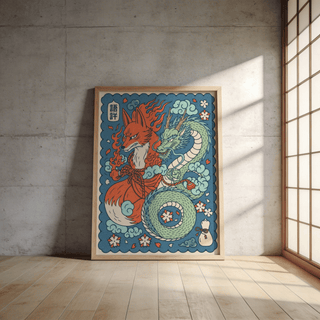 Mythical Creature wall art of a fox and dragon in Japanese ink style leaning on a wooden floor near a window