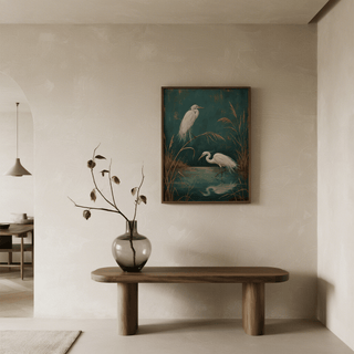 Egret wall art showing two white egrets by water with reeds above a wooden console table