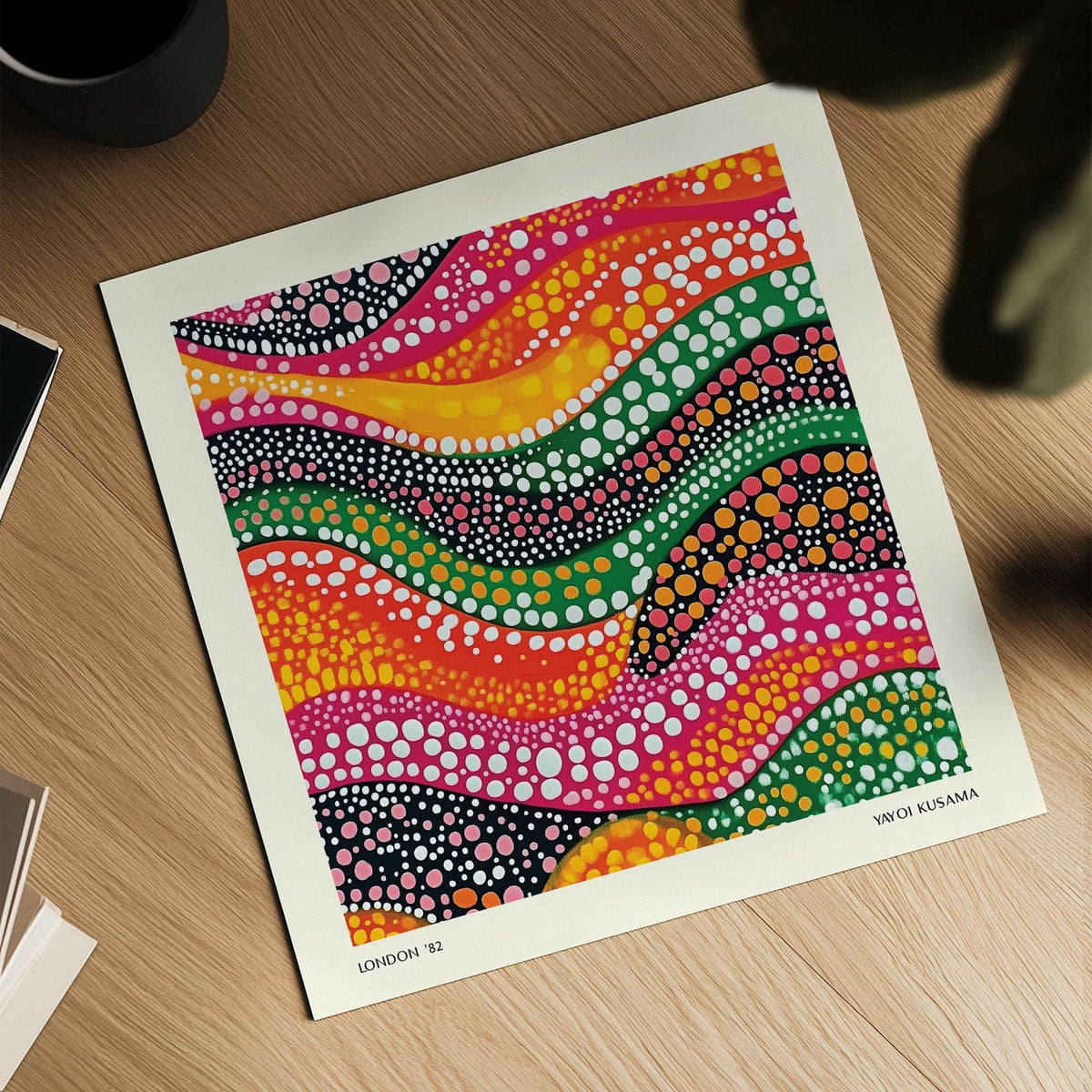Abstract Art Colorful close-up of colorful dotted waves print on a wooden table with plant shadow