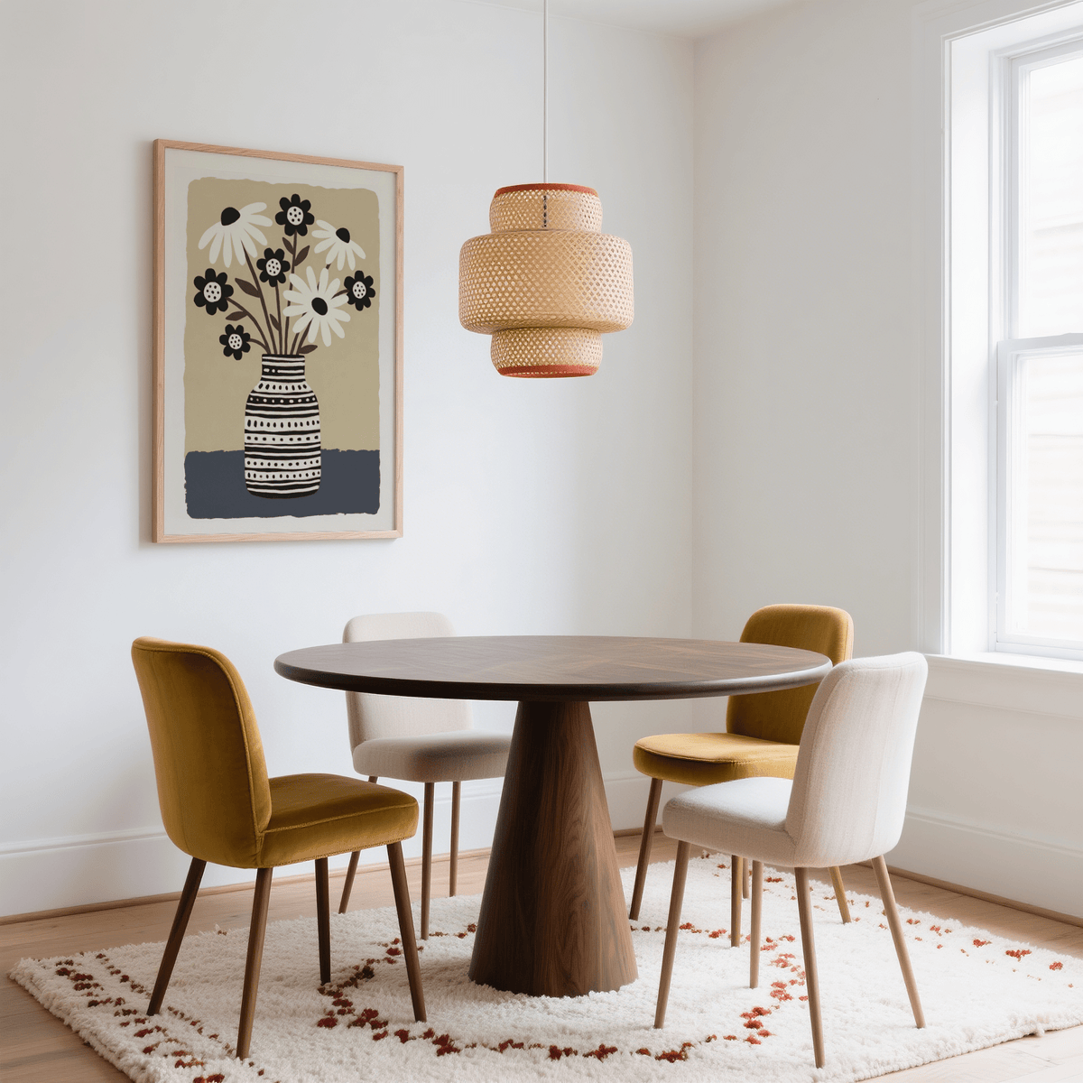 Flower Vase wall art with black and white flowers in a patterned vase above a dining table and chairs