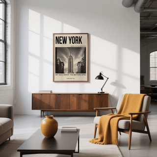 Empire State Building wall art with a black and white photo and text hanging above a sideboard with a lamp in a bright living room