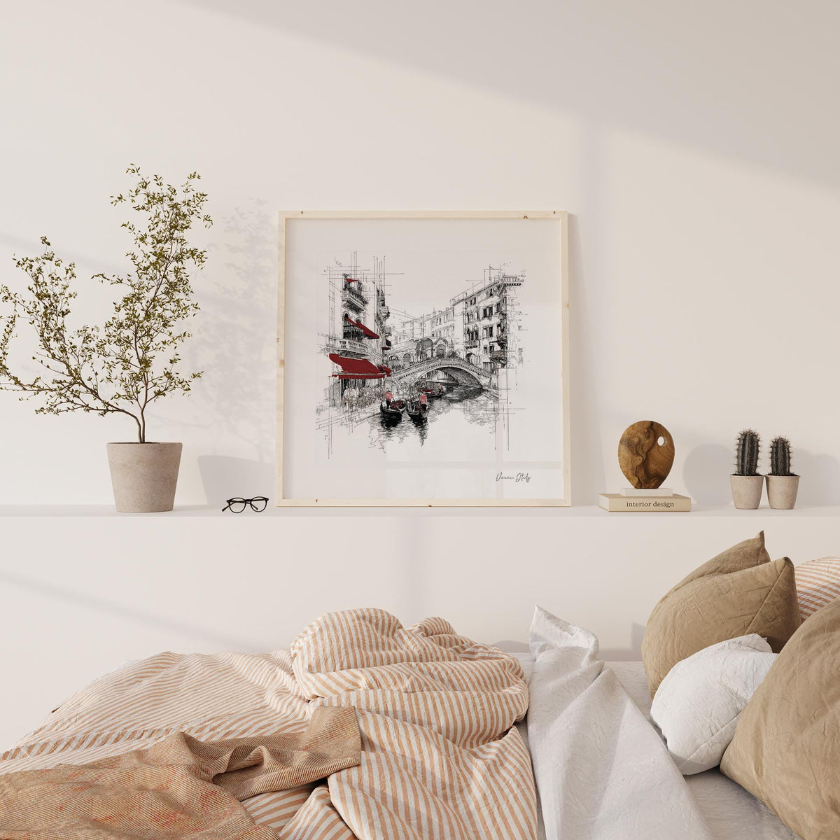 Wall art of Venice Italy showing Venetian gondolas in line-art style above a white shelf with a potted plant