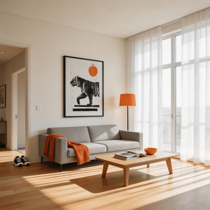 Print on a wall in a living room of a walking tiger with black and white stripes and an orange sun above a grey sofa with an orange throw